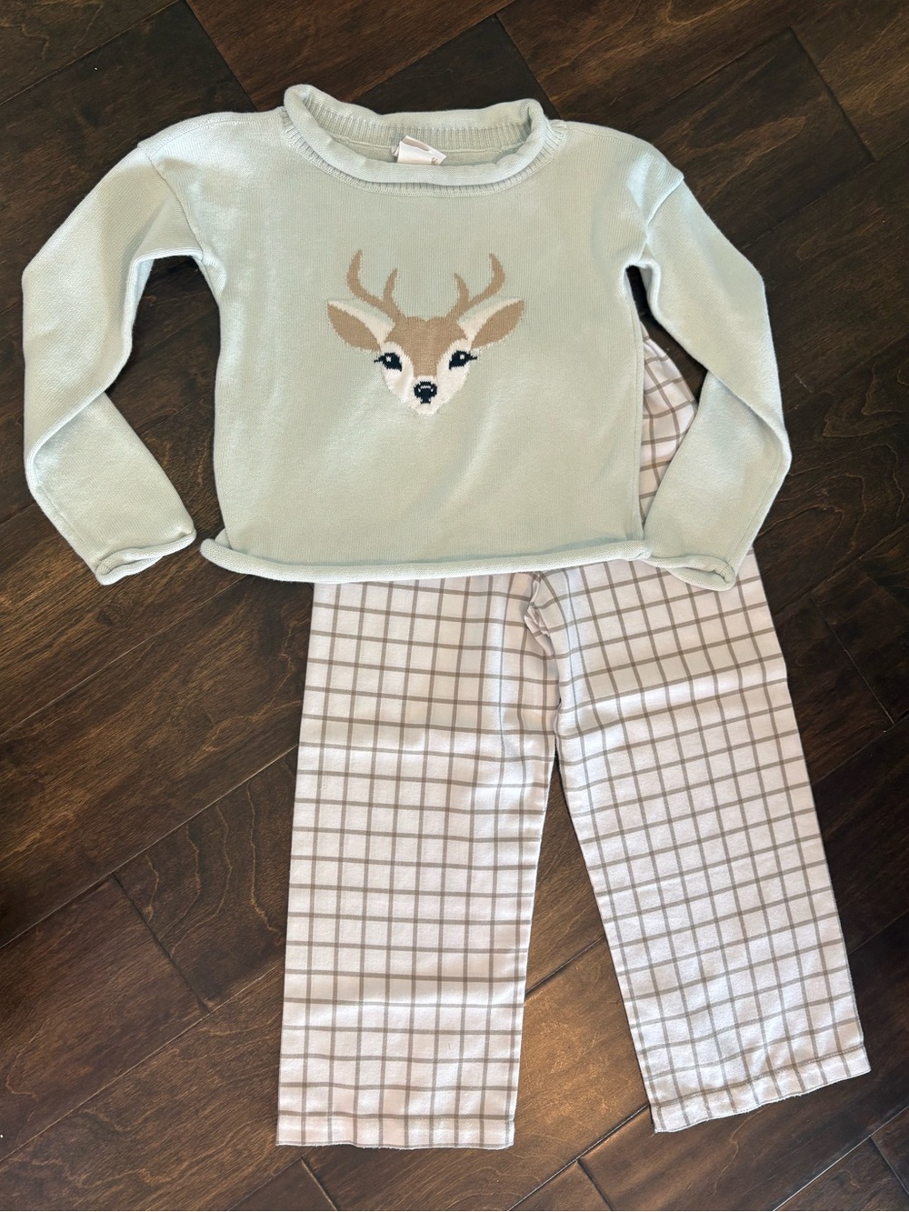 Lullaby Set Mint Deer Knit Top & Cream Plaid Pant Set